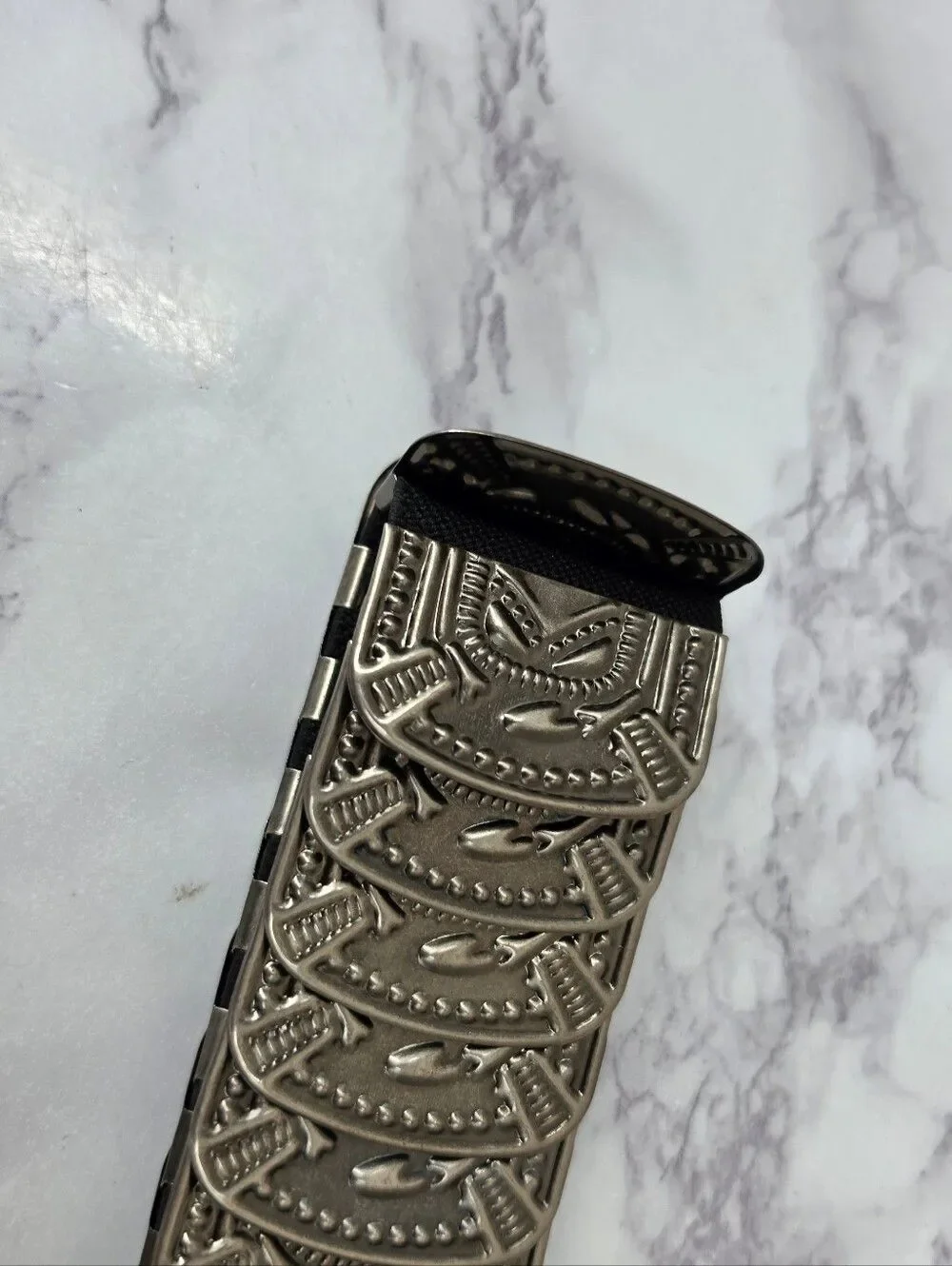 Black Stretch Belt Fishscale Oversized Hammered Metal Style Buckle Studded